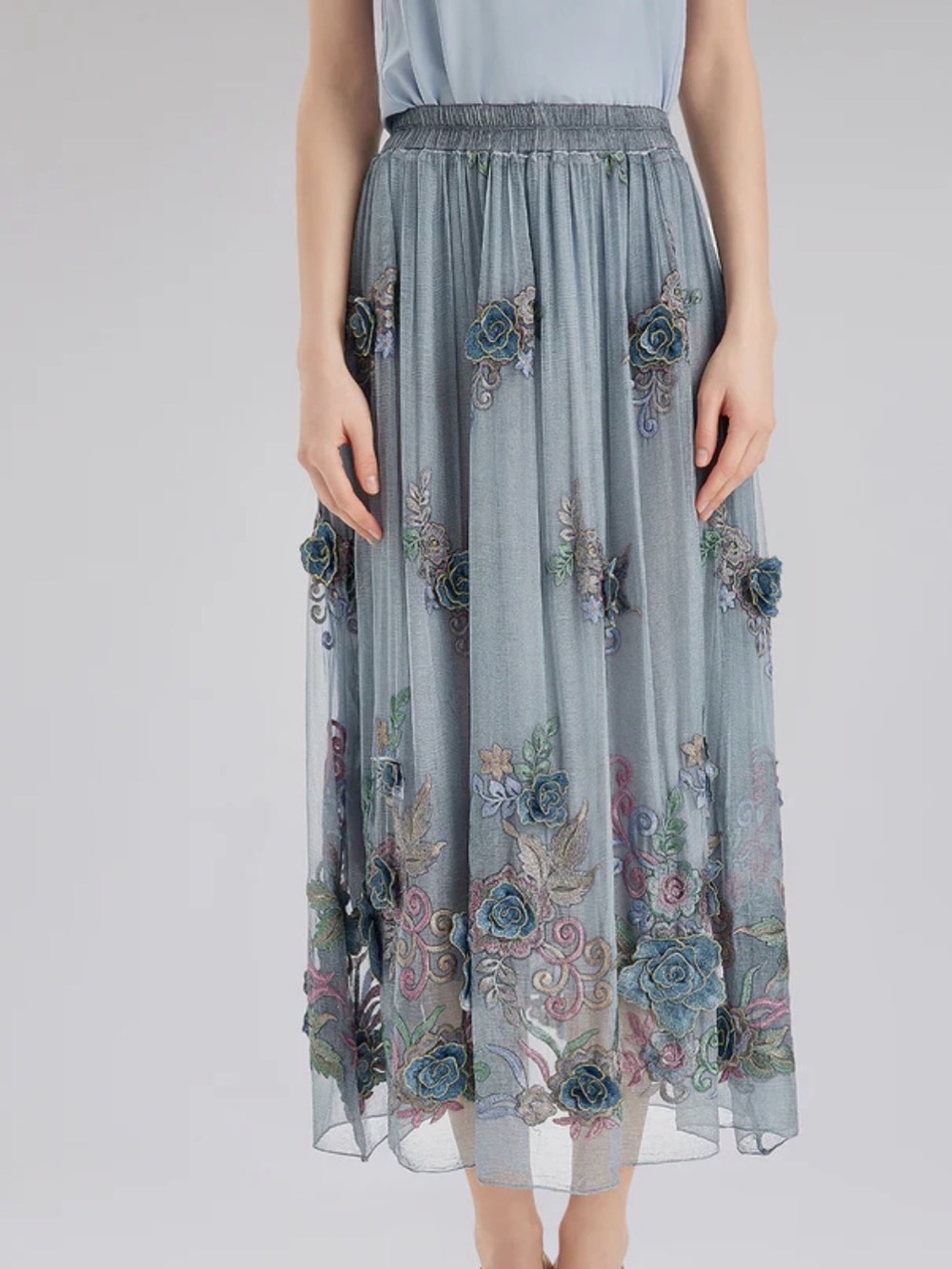 RICHRADI QSHandcrafted 3D Floral Silk Skirt Embroidered Blue Floral Maxi Skirt